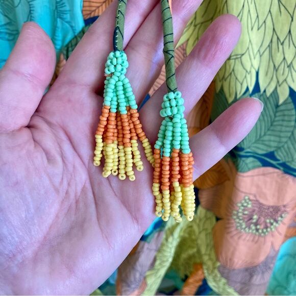 NEW Farm Rio Anthropologie Long Sleeve Floral Midi Dress Beaded Tassel Size XS - Picture 10 of 16